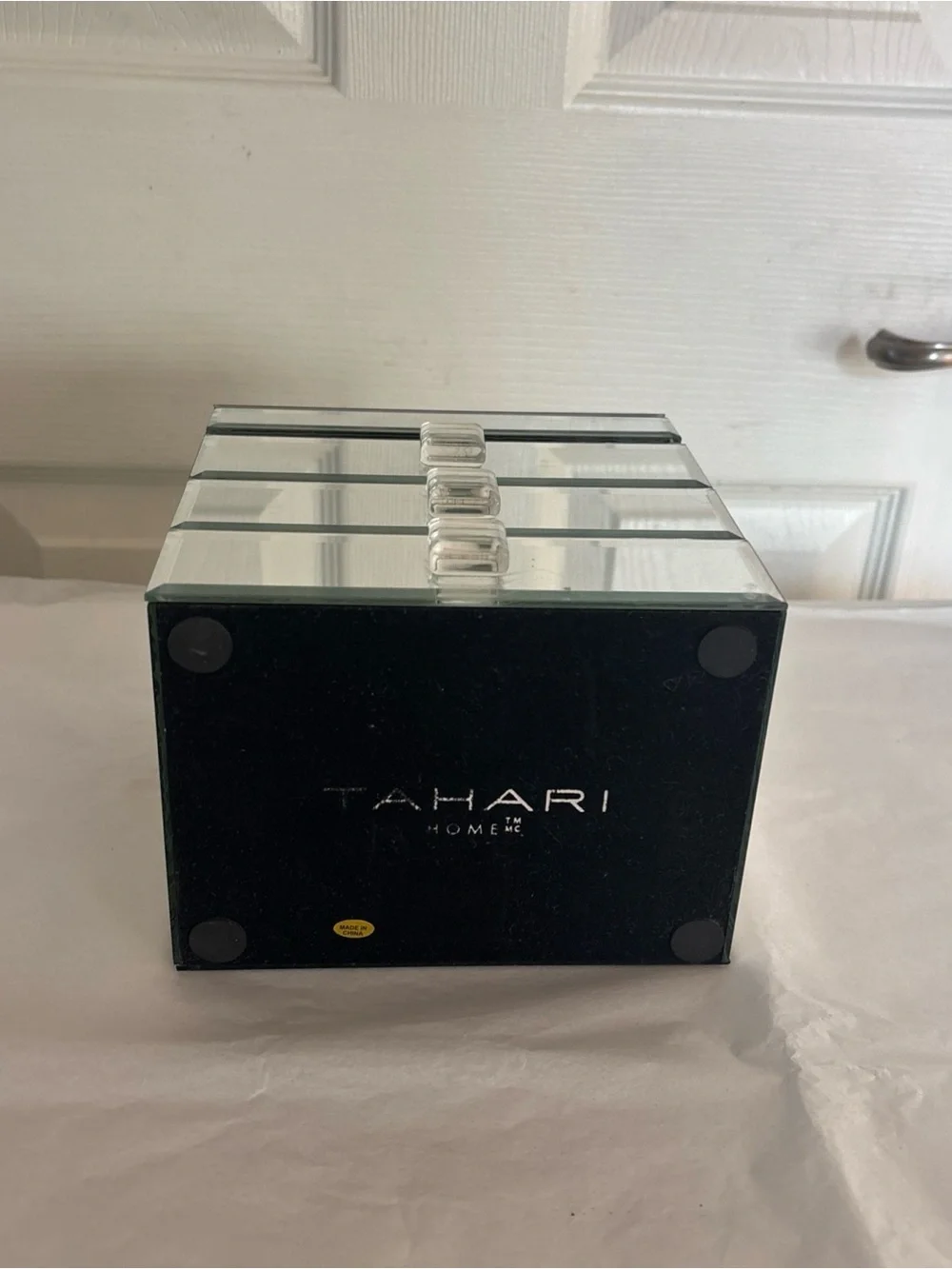 TAHARI Mirrored Glass Jewelry Box Lined crystal knobs